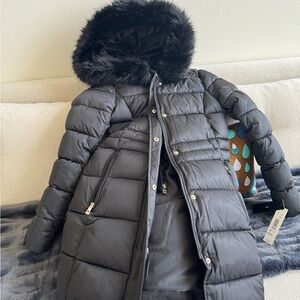 Tahari Black Puffer Jacket with Faux Fur Hood